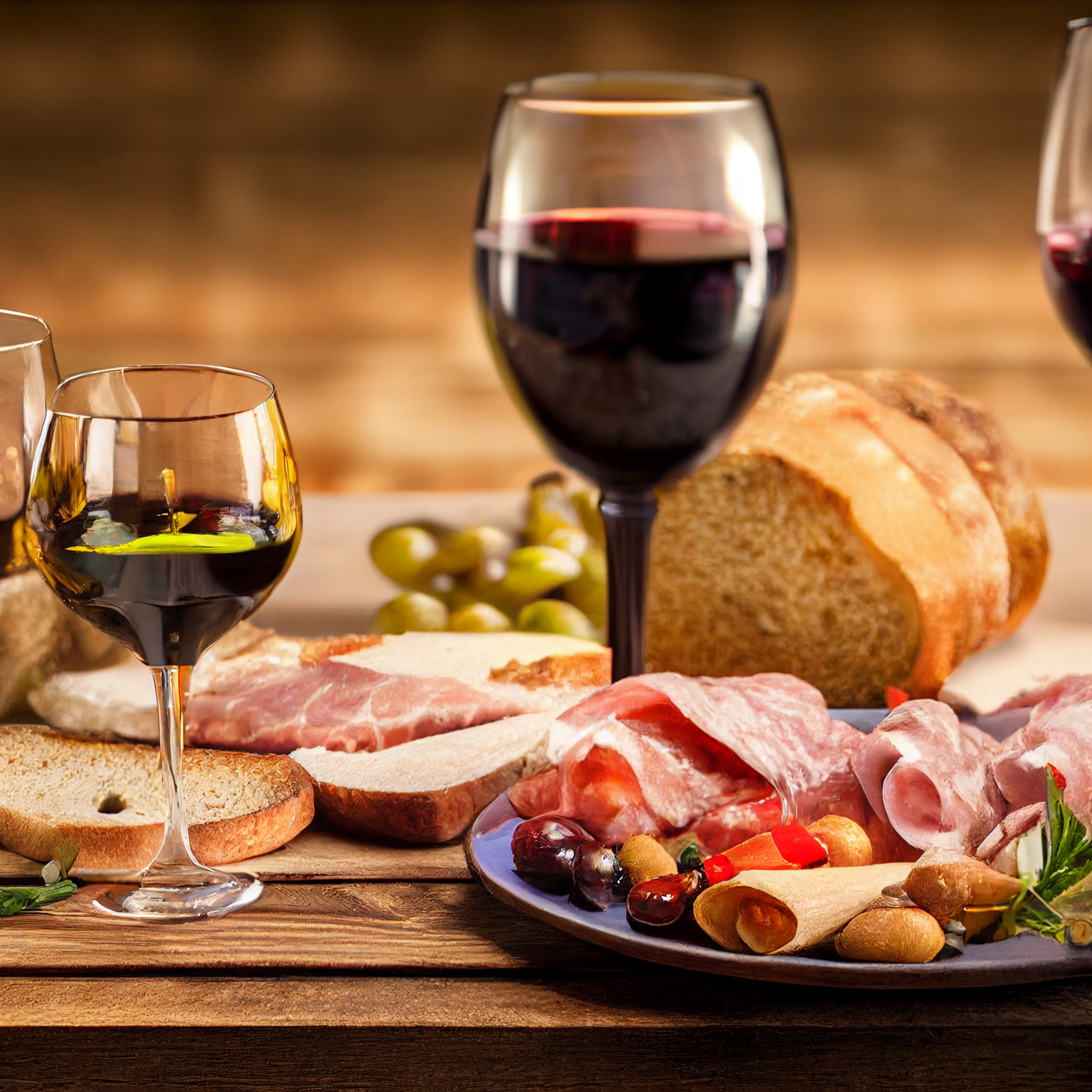 Spanish tapas on wooden table, wine bottle , wine glass with red wine, olive oil, meats, bread, high definition, insane definition, photo realistic,
