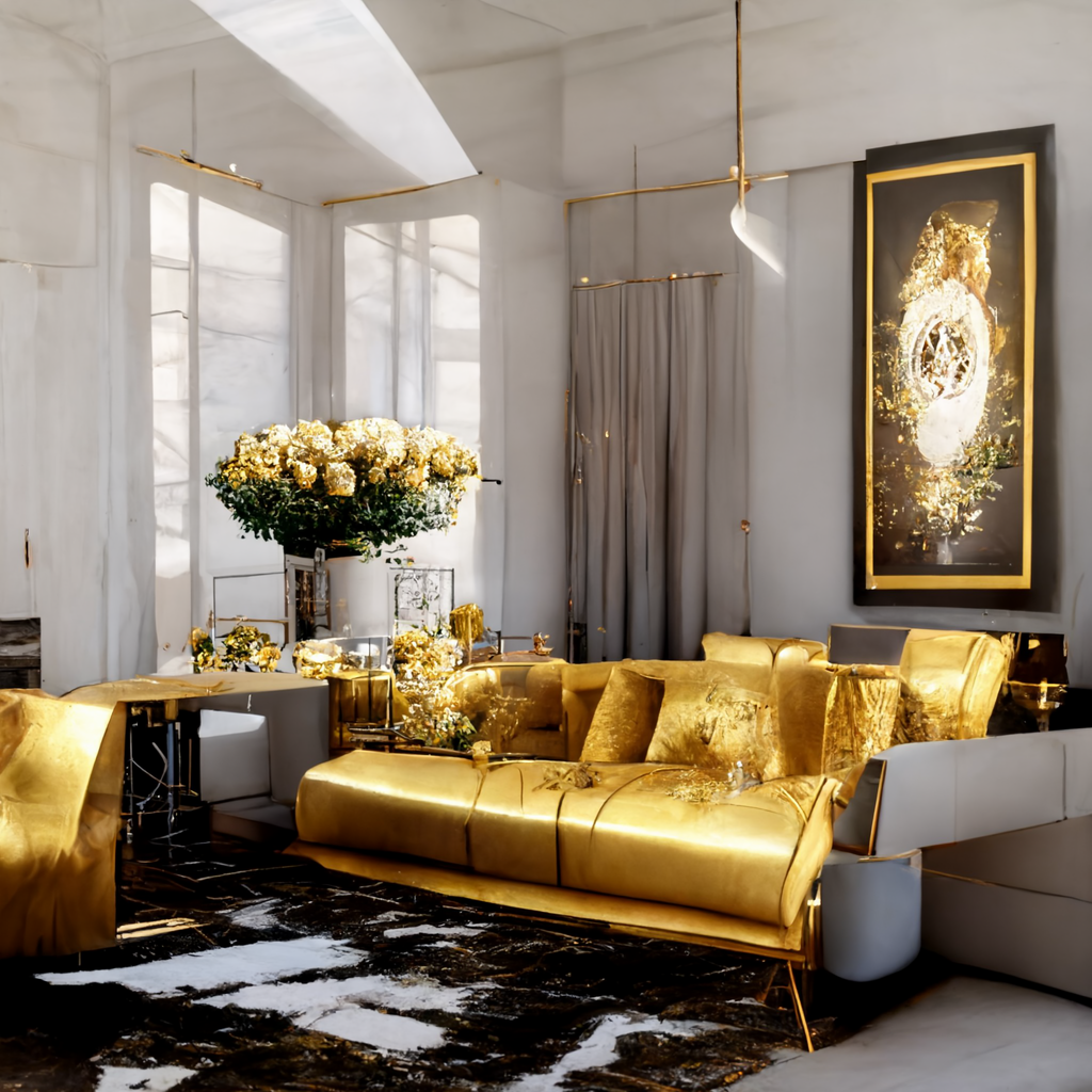 prompt: a modern french luxe living room interior with golden table and white roses on the table + hyper realistic + ultra high definition + 8k render